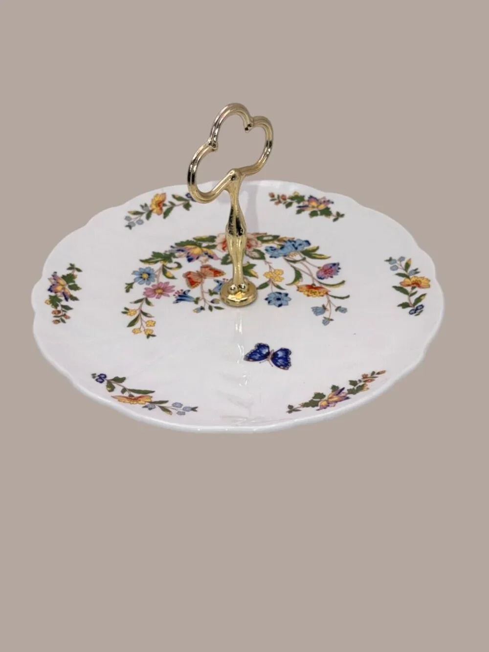 Vintage Aynsley Cottage Garden Bone China Cake Plate Metal Handle Floral England